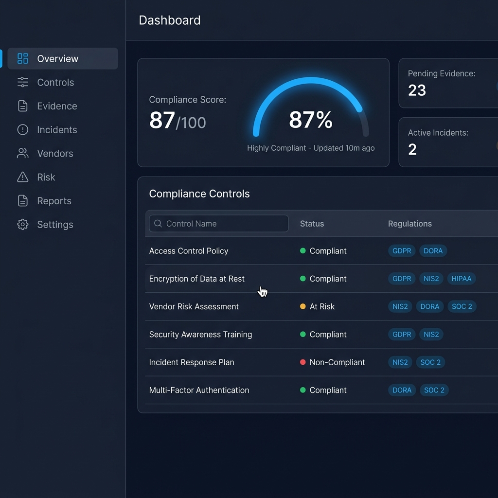 ComplyEU compliance dashboard showing controls mapped across GDPR, NIS2, DORA and EU AI Act