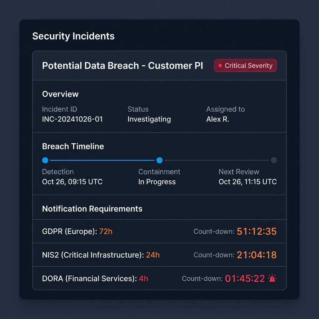 ComplyEU incident management with multi-regulation notification timelines